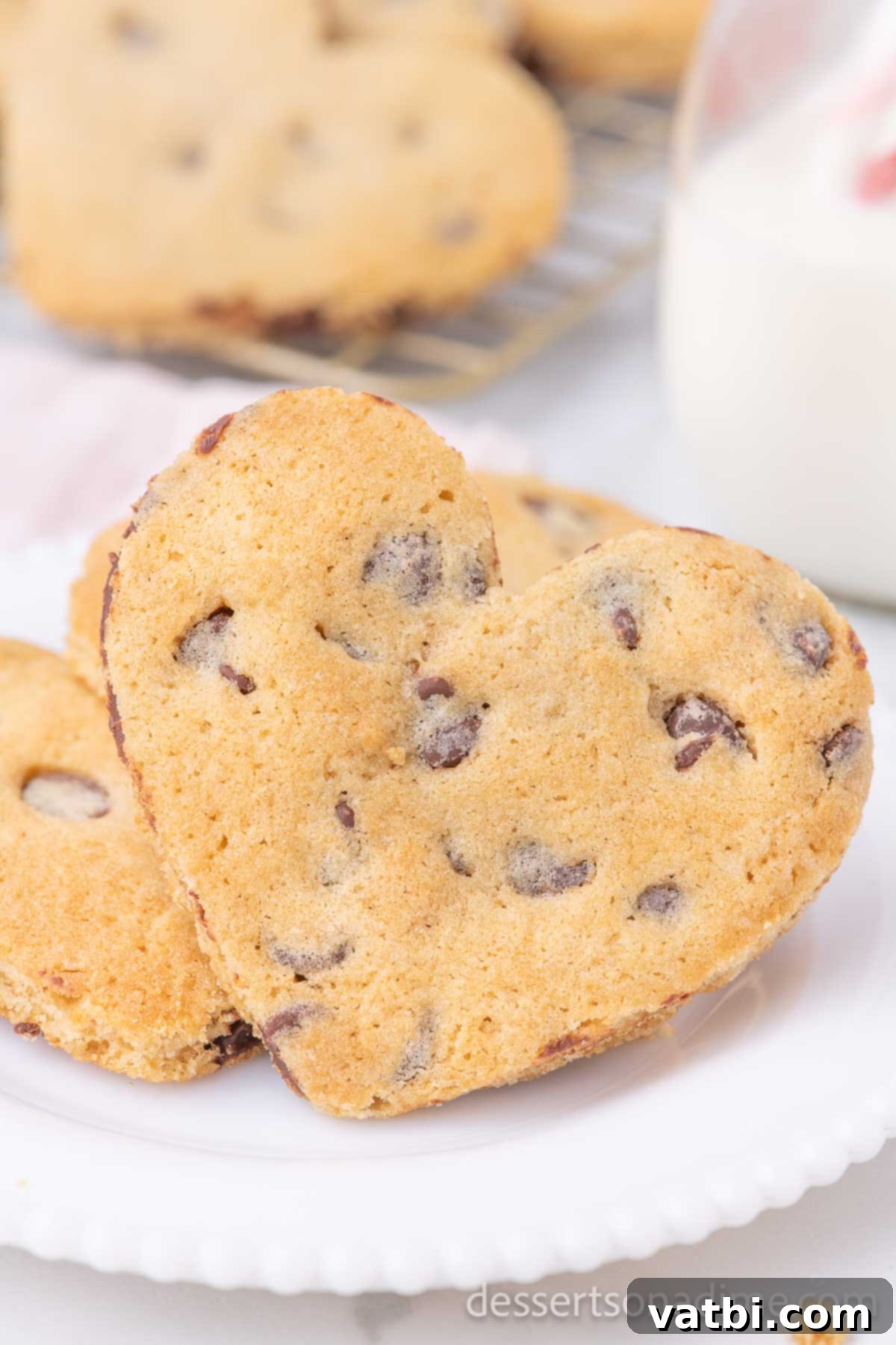 Love-Filled Chocolate Chip Hearts 2 Gooey Heart Shaped Chocolate Chip Cookies on a platter for Valentine's Day.
