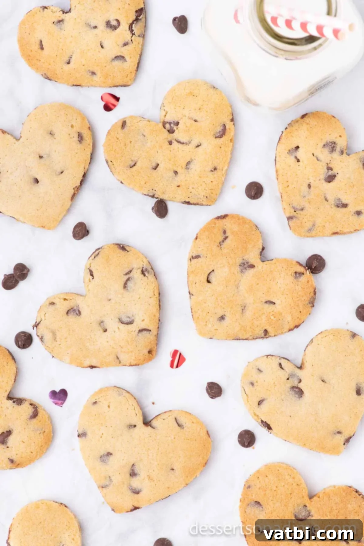 Love-Filled Chocolate Chip Hearts 10 A batch of Heart Shaped Chocolate Chip Cookies spread out on a counter.