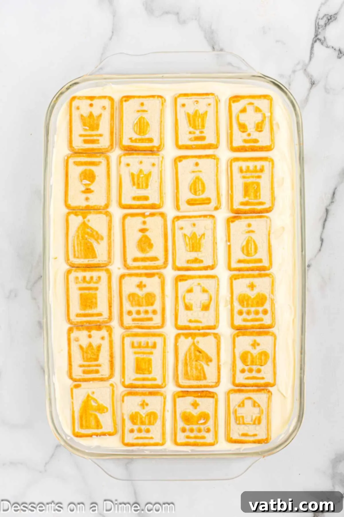 A final layer of Chessmen cookies spread evenly on top of the banana pudding mixture.
