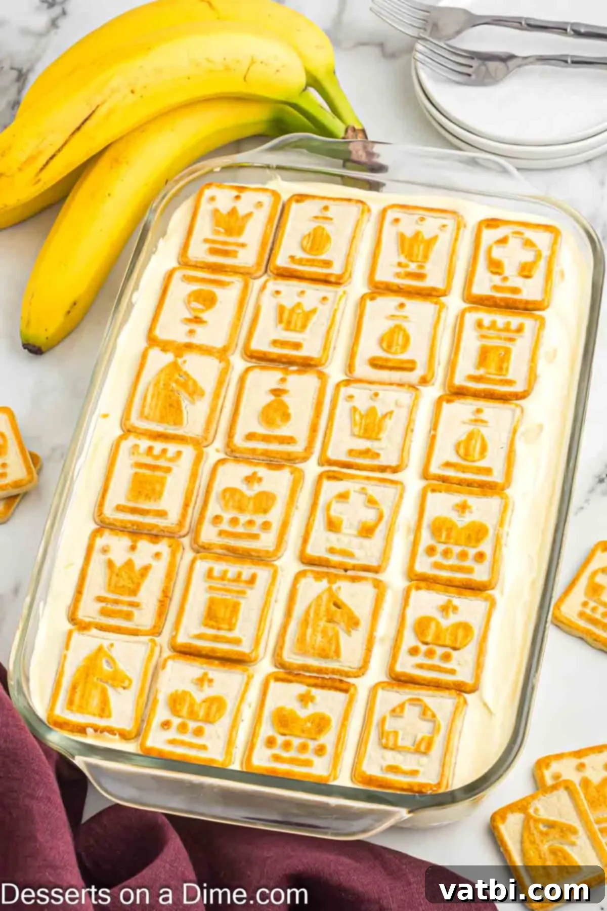 A dish of Paula Deen's banana pudding, perfectly layered and ready for serving a crowd.
