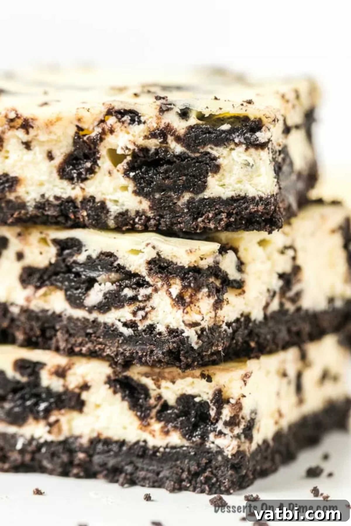 Irresistible Oreo Cheesecake Delight 17 Close-up of three Oreo Cheesecake Bars stacked, highlighting the creamy filling and visible Oreo cookie pieces.