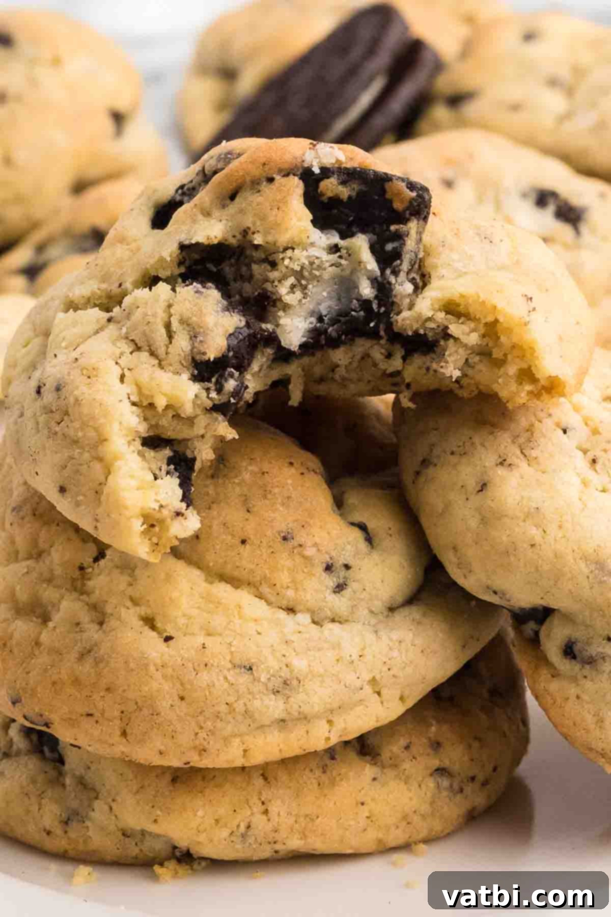 Skip the mixes and make this decadent recipe for Cookies and cream cookies. Each bite is loaded with oreo cookies and the recipe is so easy. Try this cookies and cream cookies recipe without pudding for the best treat. Learn how to make home made desserts with chocolate oreo cookies and cream cheese. #dessertonadime #cookiesandcreamcookies #cookiesandcreamcookieseasy #dough #DIY #DessertRecipes #Recipeshomemade #baking #dessert #christmas #homemade Close up image of Cookies and Cream Cookies