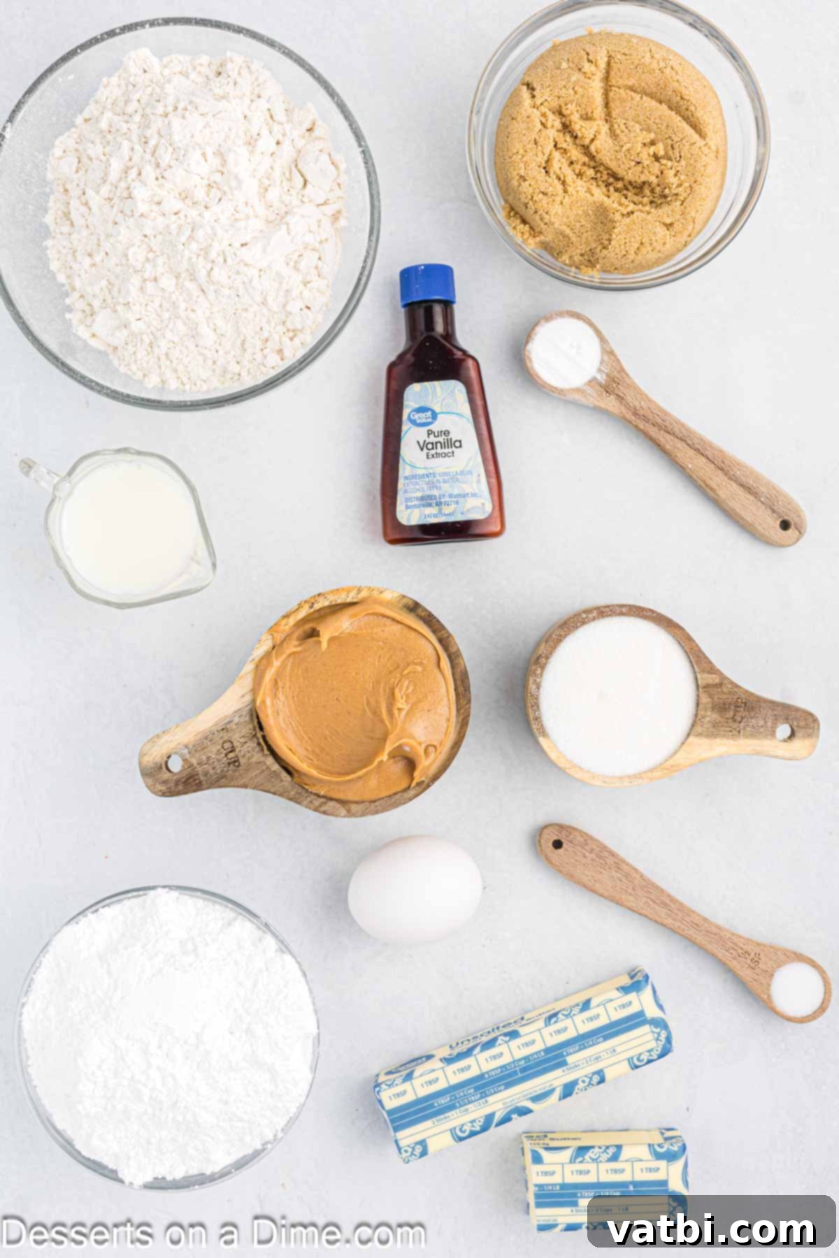 Golden Peanut Perfection 3 Ingredients for recipe - flour, baking soda, butter, brown sugar, peanut butter, egg, vanilla, sugar, milk, powdered sugar.