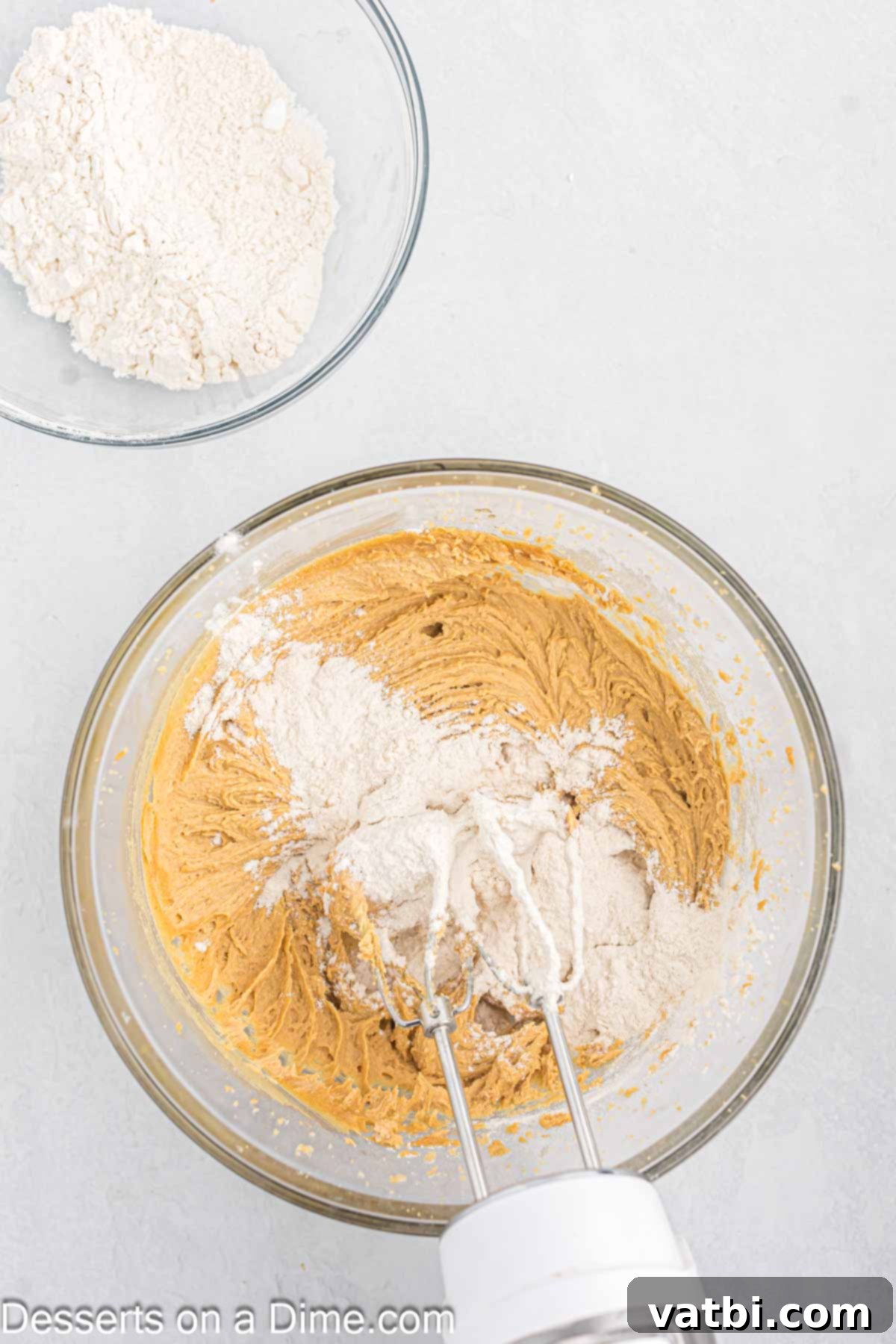 Golden Peanut Perfection 5 Wet and dry ingredients combined in mixing bowl.