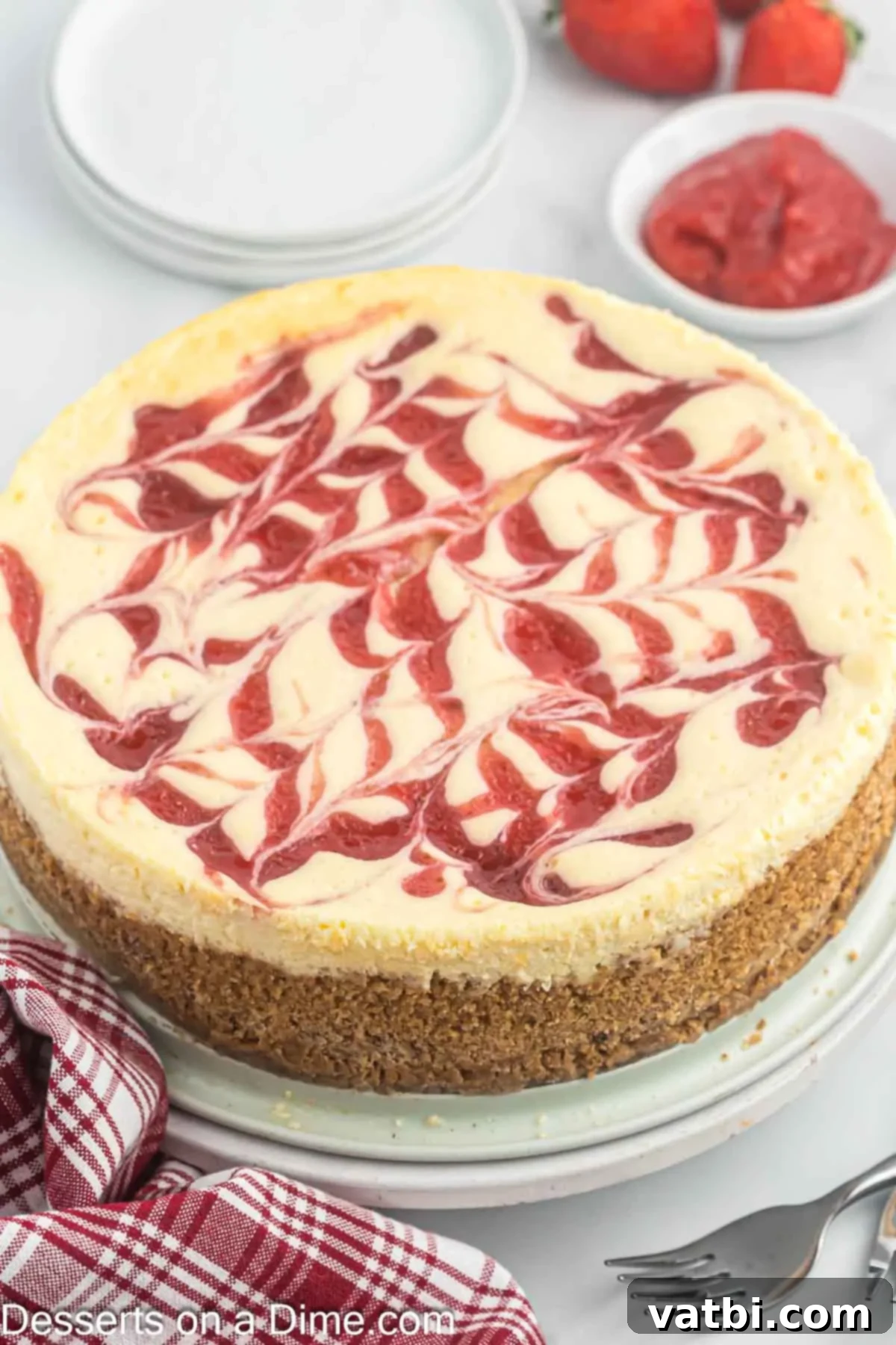 Whole strawberry swirl cheesecake ready to slice, showing off its beautiful marbling.