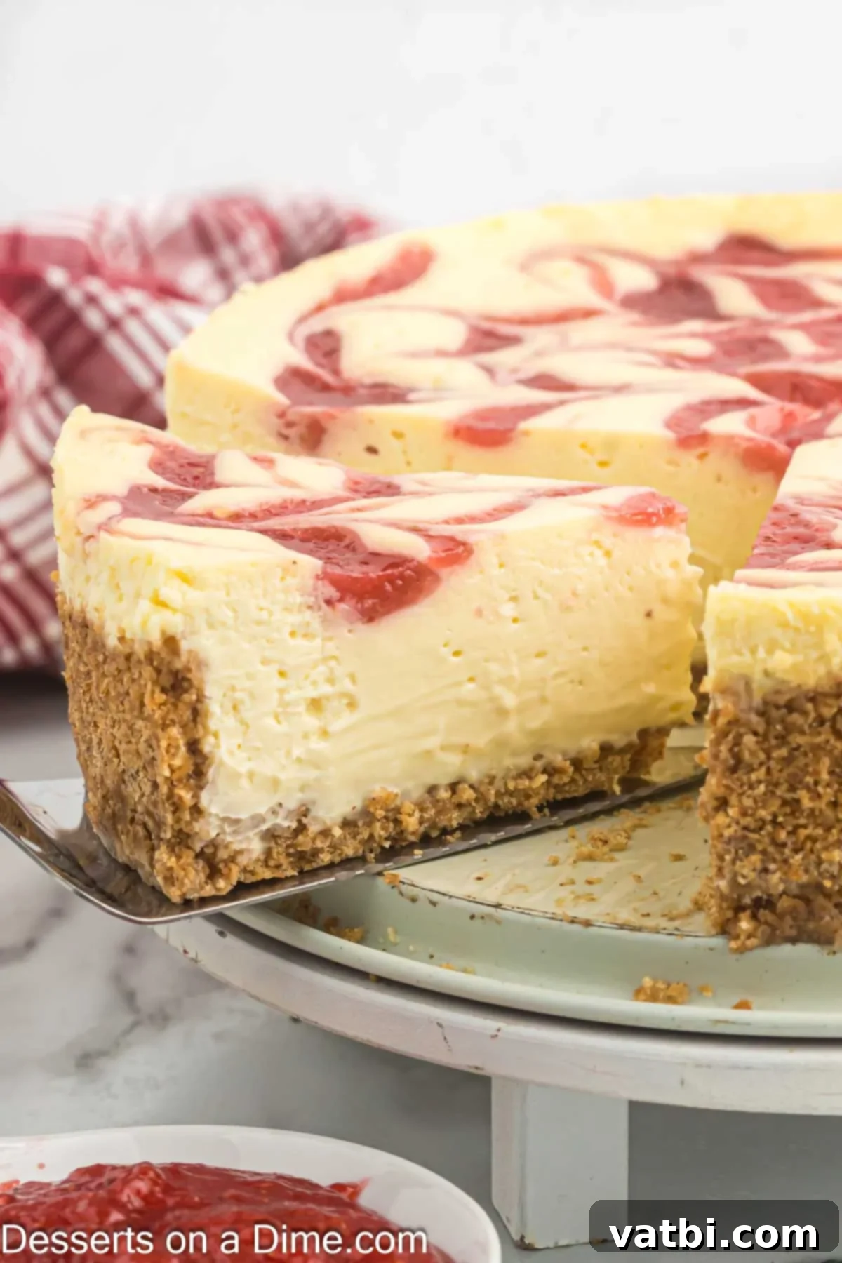 A perfect slice of strawberry swirl cheesecake on a platter, showcasing the swirl and creamy texture.