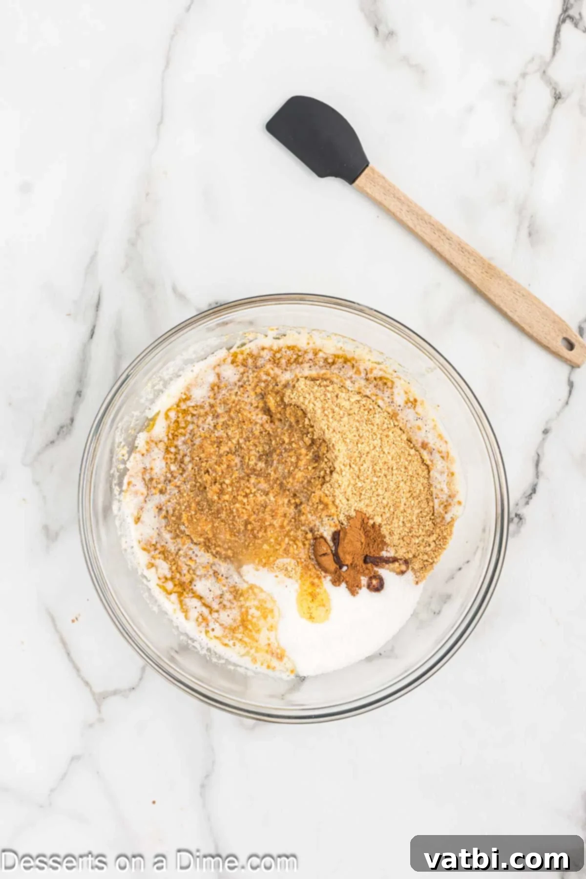 Bowl with melted butter, sugar, and cinnamon mixed with graham cracker crumbs.