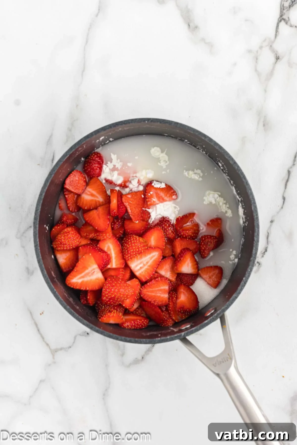 Sliced fresh strawberries in a saucepan with sugar, cornstarch, and water.