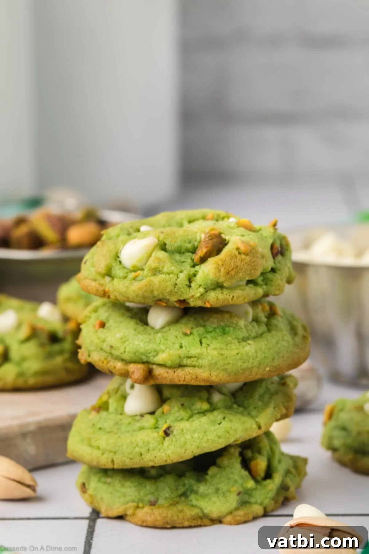 Emerald Kiss Cookies 2 Stack of freshly baked pistachio cookies, showcasing their soft texture and vibrant green color.