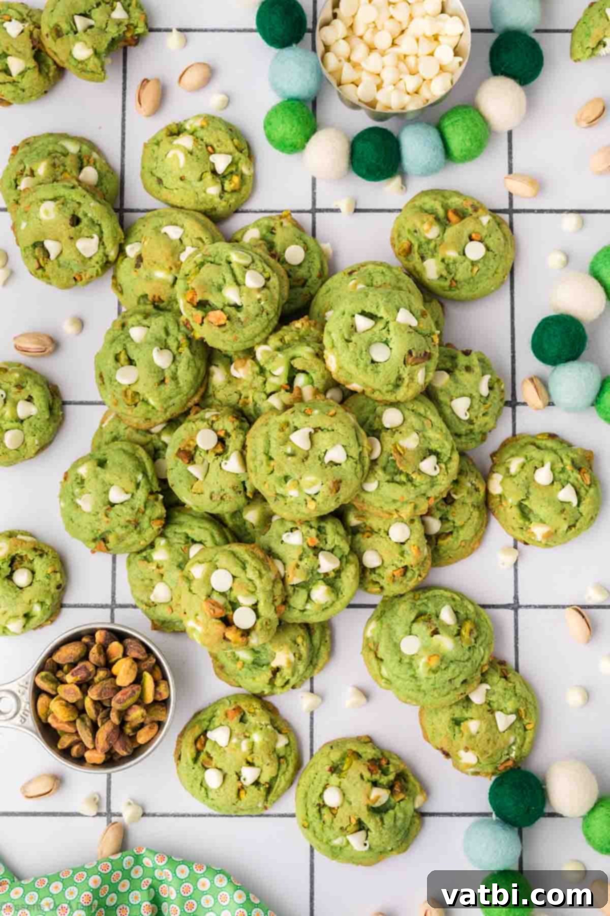 Emerald Kiss Cookies 12 A beautiful pile of freshly baked pistachio cookies with white chocolate chips, ready to be enjoyed.