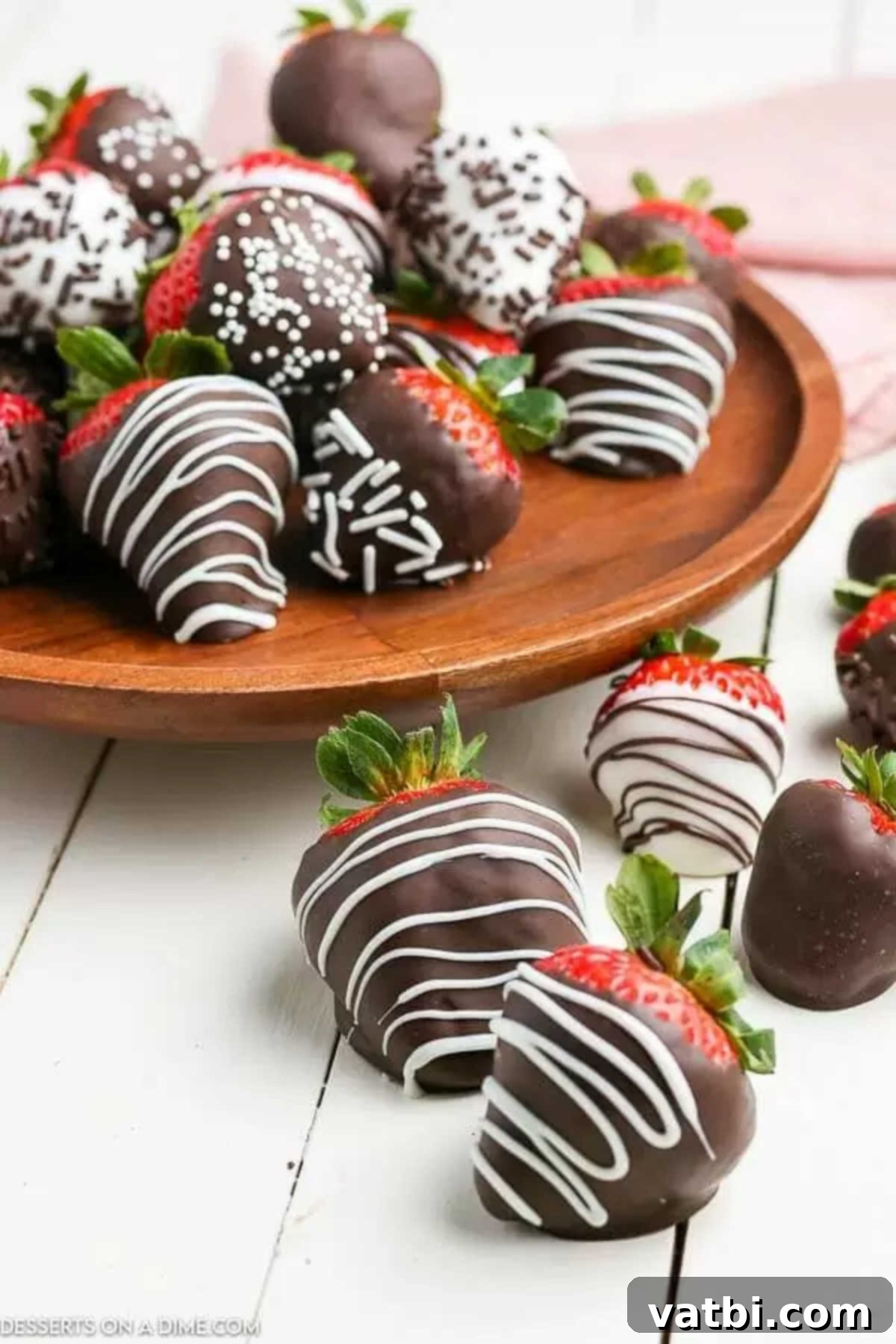 Learn how to make chocolate covered strawberries for any occasion. We have the best tips and tricks with easy step by step instructions to make homemade chocolate covered strawberries. Make chocolate covered strawberries for Christmas, Valentines Day, Mothers Day and birthday. #dessertonadime #chocolatecoveredstrawberries #boxideas #howtomakechocolatecoveredstrawberriesdiy #holiday #diy #ideas #cute #howtomakechocolatecoveredstrawberriesrecipes Freshly made chocolate covered strawberries on a platter with various toppings.