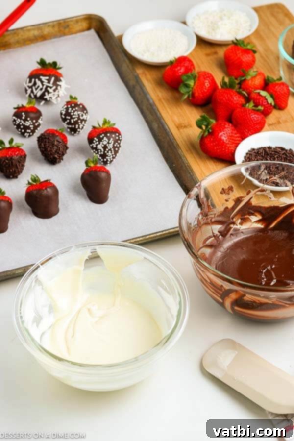 Decadent Strawberry Delights 2 Bowls of melted dark and white chocolate ready for dipping strawberries.