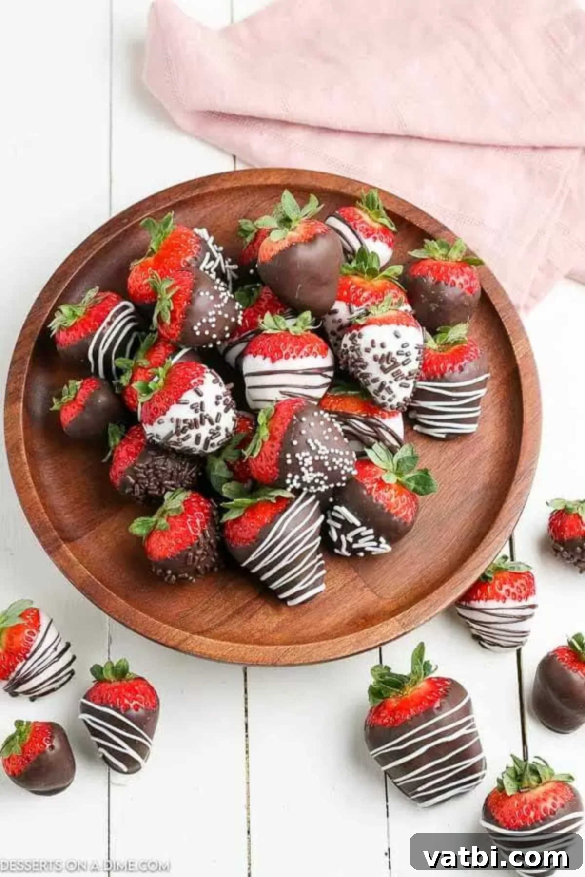 A platter of chocolate covered strawberries ready for serving. A beautiful platter of chocolate covered strawberries with various decorations.