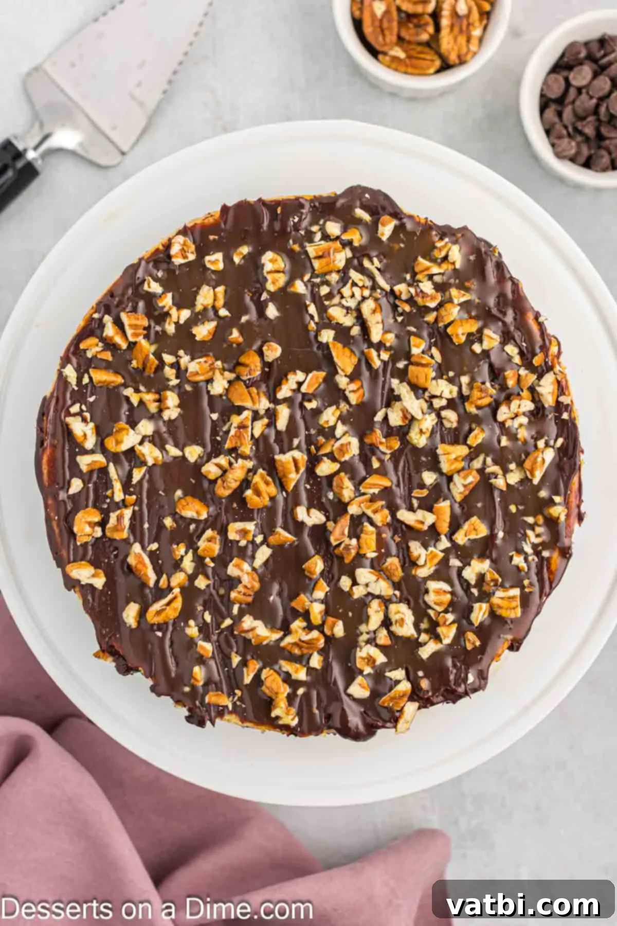 Turtle Cheesecake 12 A finished Turtle Cheesecake on a serving plate, generously adorned with melted chocolate, caramel sauce, and a scattering of chopped pecans.