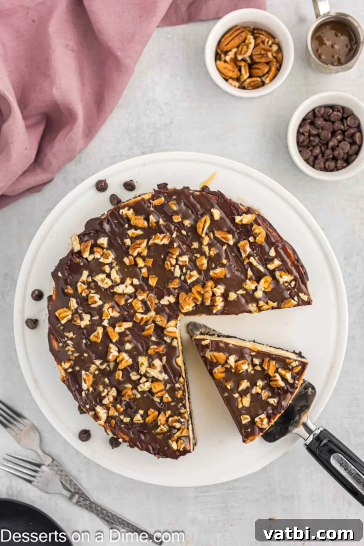 Turtle Cheesecake 13 A serving knife cutting into a freshly topped Turtle Cheesecake, preparing a slice for enjoyment. The layers and toppings are clearly visible.