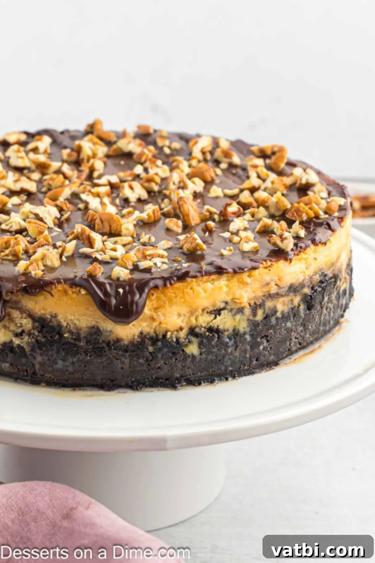 Turtle Cheesecake 15 A beautifully presented Turtle Cheesecake, topped with its signature caramel, chocolate, and pecans, sitting on a pristine white pedestal stand. The background is blurred, making the cheesecake the focal point.