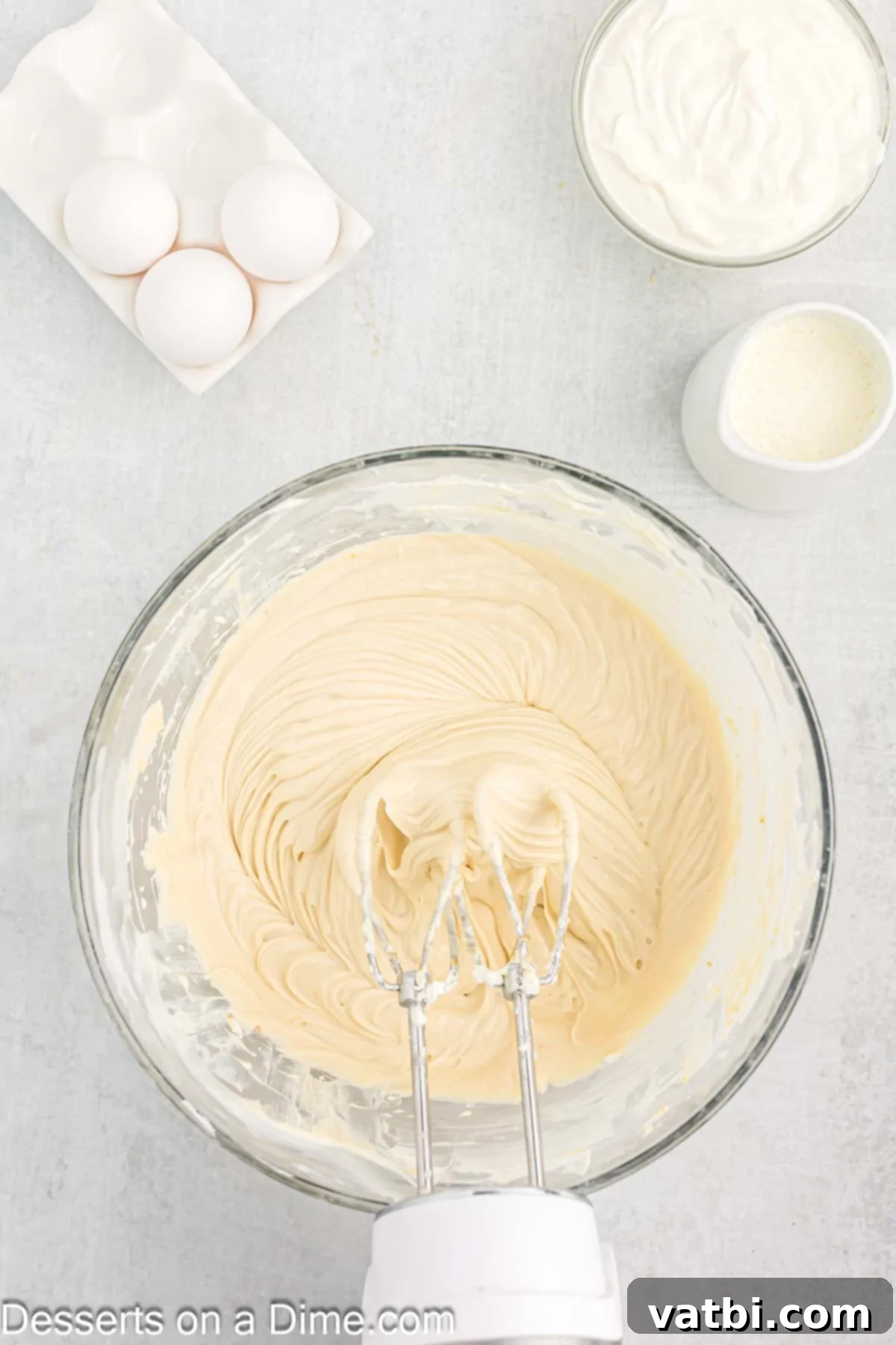 Turtle Cheesecake 7 Light brown sugar and vanilla extract being gently added to the creamy beaten cream cheese mixture in a bowl, ready for further mixing.