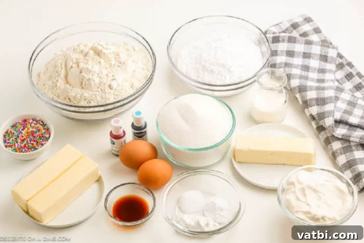 Ingredients needed for cookies - flour, baking powder, baking soda, salt, butter, sugar, sour cream, vanilla eggs, powdered sugar, heavy whipping cream 