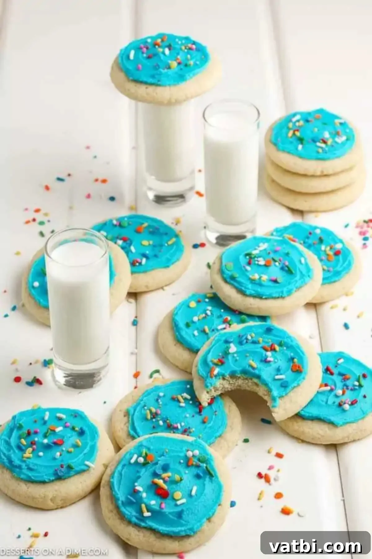 Lofthouse Sugar Cookies topped with blue frosting and sprinkles
