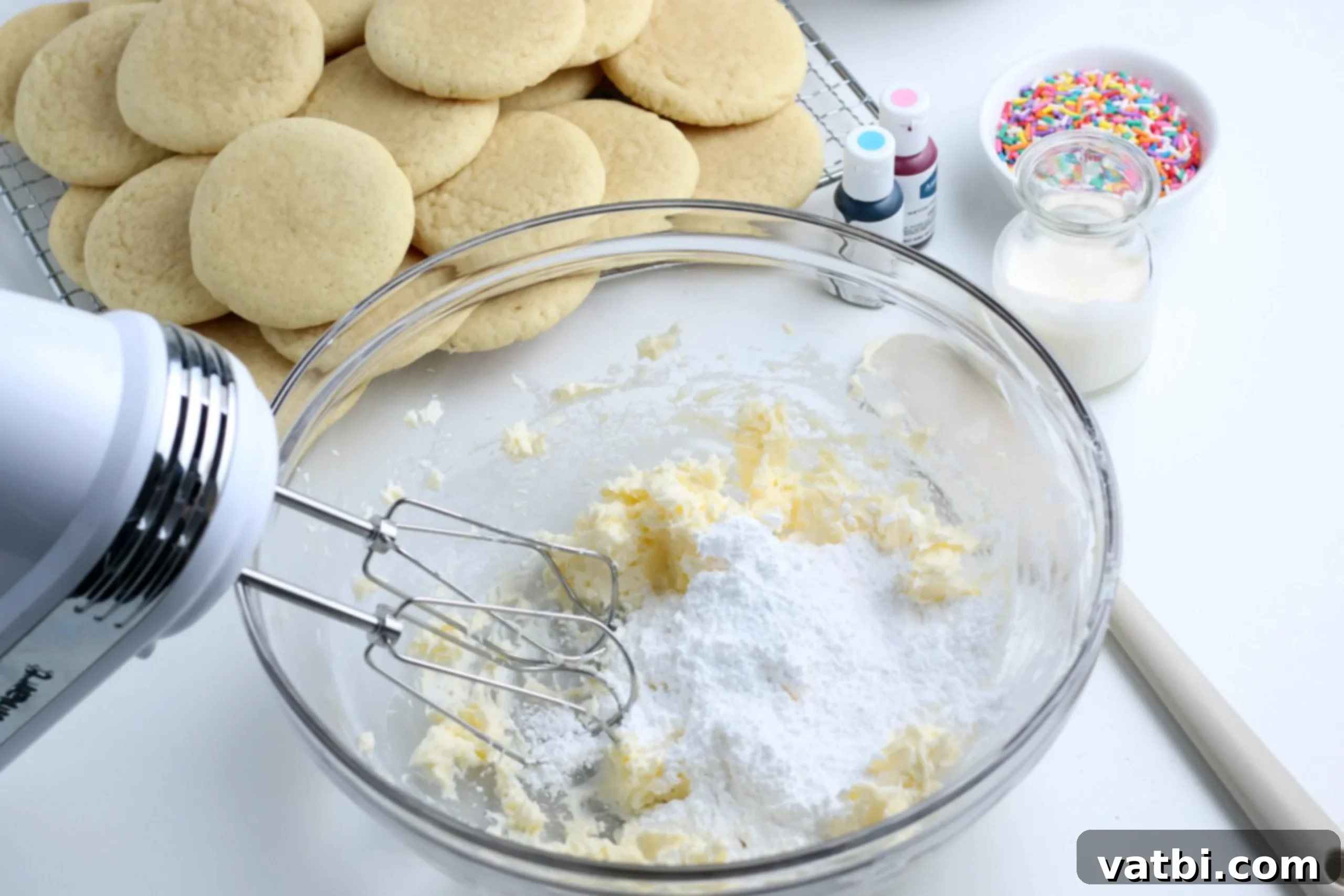 Frosting ingredients combined together in a bowl. 