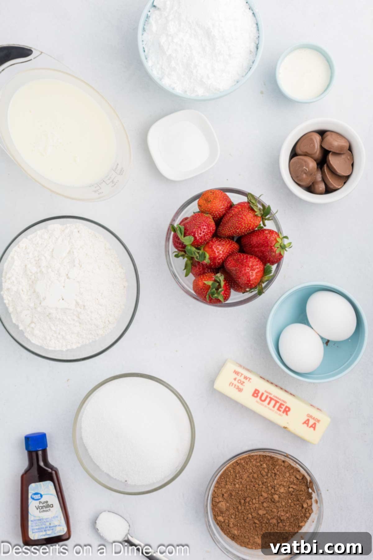 Romantic Cupcake Creations 3 Ingredients for valentine cupcakes - flour, cocoa powder, baking soda, eggs, buttermilk.