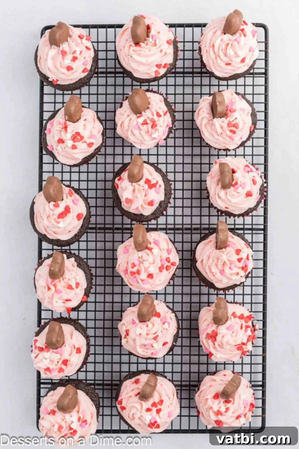 Romantic Cupcake Creations 8 Cupcakes topped with frosting on wire rack.