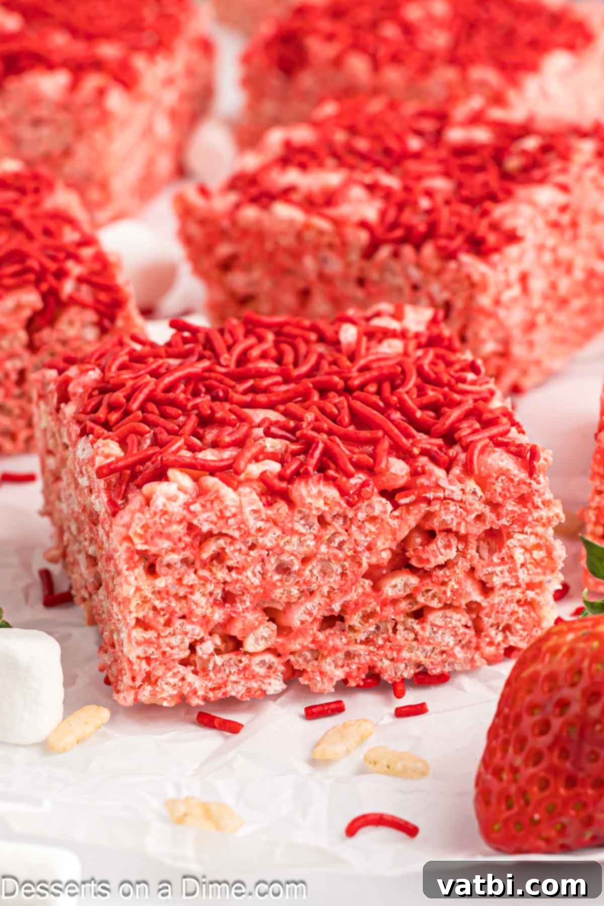 Strawberry Rice Krispie Treats cut into squares. 