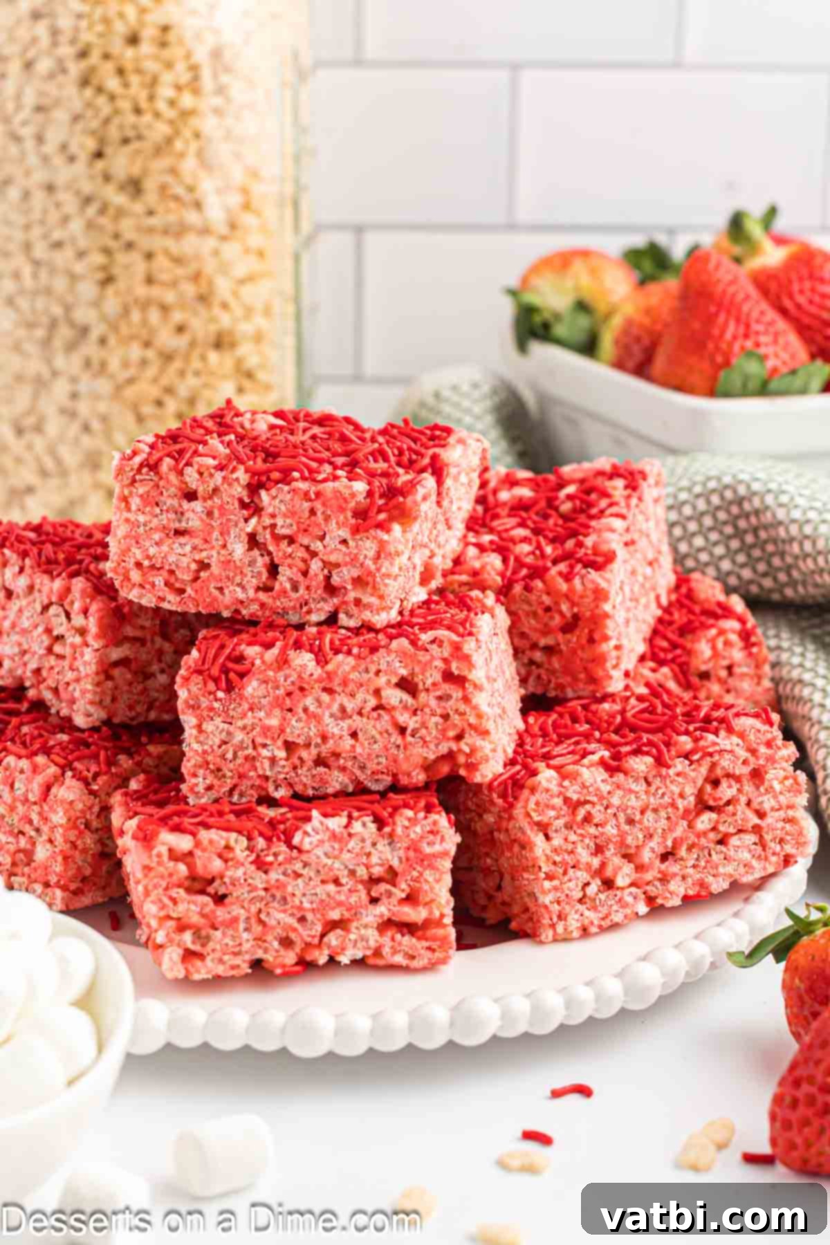 Strawberry Rice Krispie Treats cut into squares. 