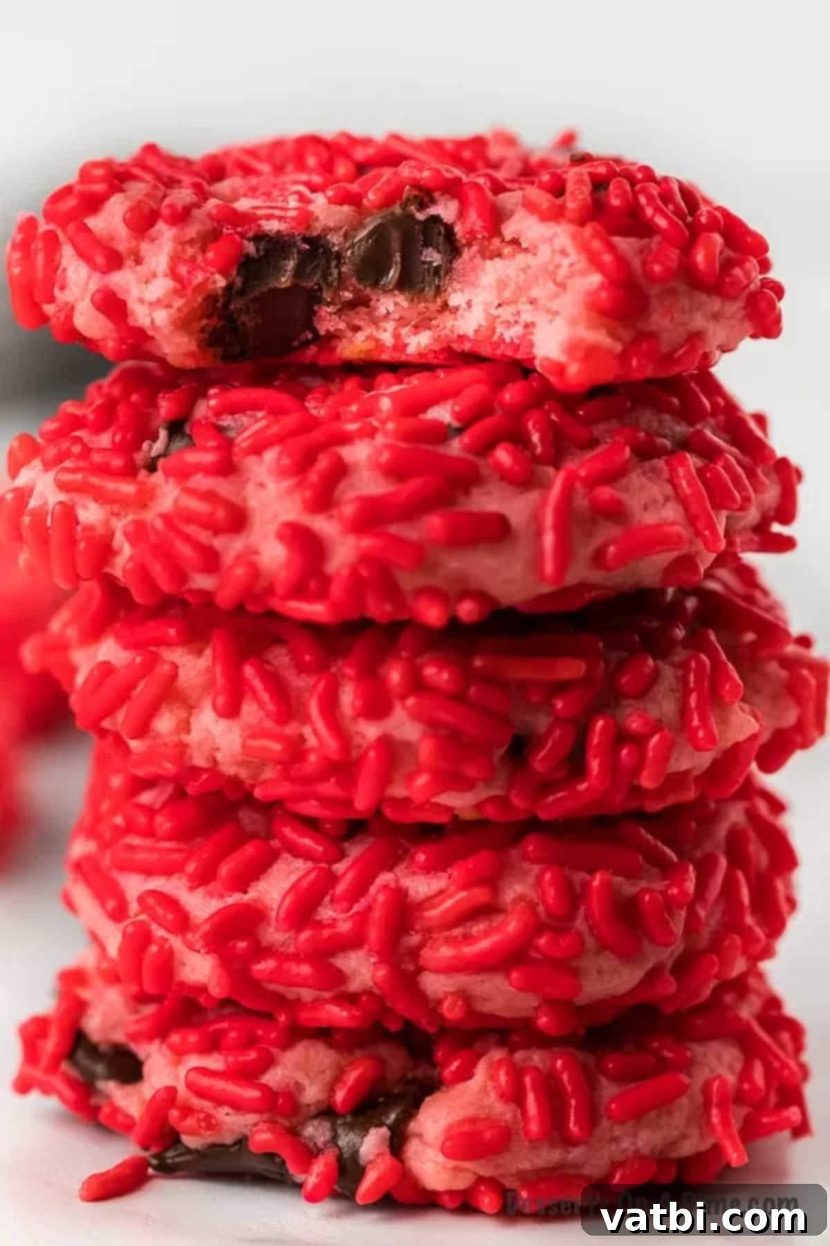 When you bite into these strawberry chocolate chip cookies, you will love the decadent chocolate surprise inside. Not only is this recipe super easy but tastes moist and delicious. Learn how to make strawberry cake mix cookies with sprinkles and with chocolate chips. This softy chewy cookie is the best cookie and so simple. #dessertonadime #strawberrychocolatechipcookies #strawberrycakemixcookiessimple #chocolatechipstrawberrycookies #cakemixes #holidays #chocolate A stack of three soft and chewy strawberry chocolate chip cookies, garnished with festive red sprinkles, creating a beautiful and appetizing dessert presentation.