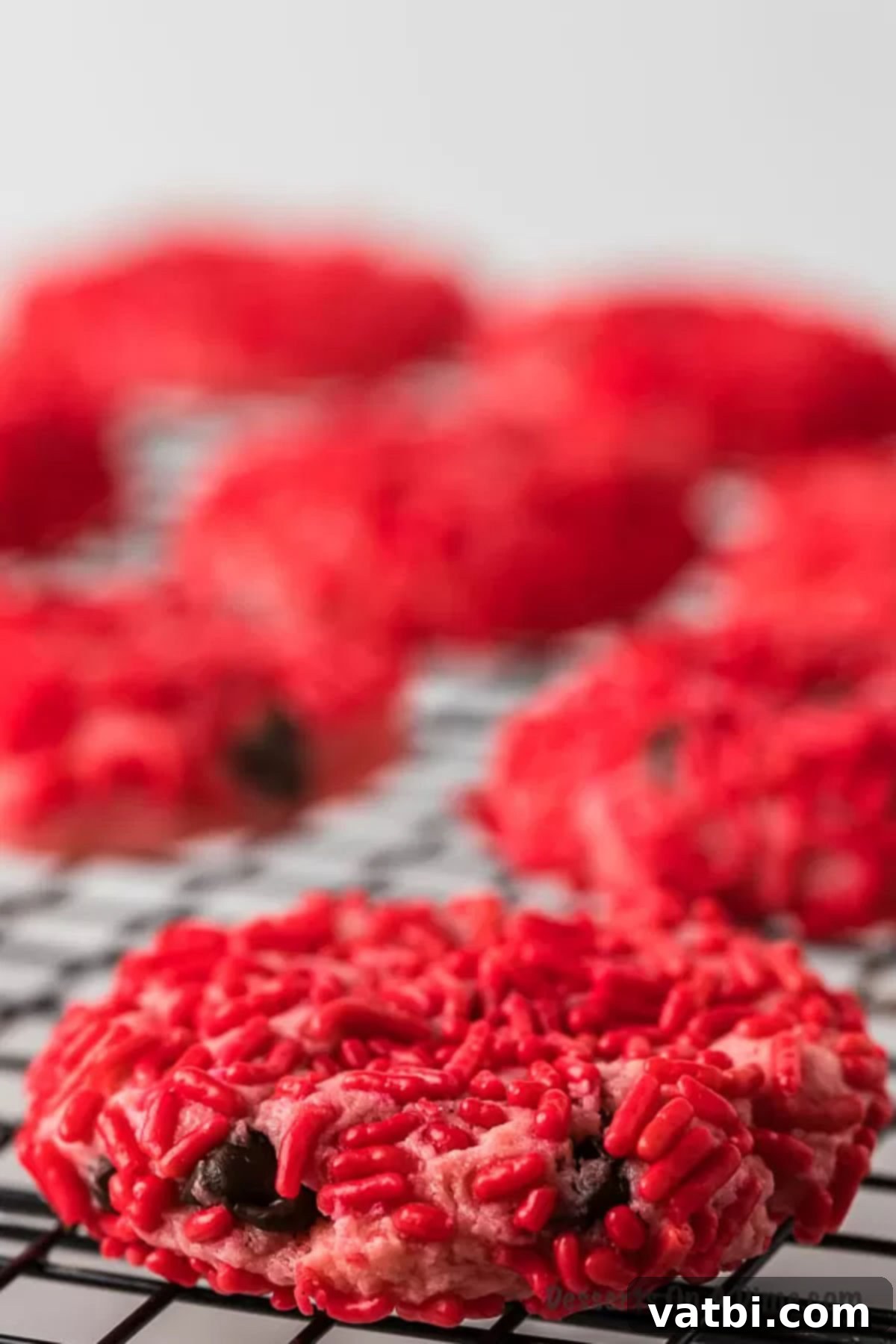 When you bite into these strawberry chocolate chip cookies, you will love the decadent chocolate surprise inside. Not only is this recipe super easy but tastes moist and delicious. Learn how to make strawberry cake mix cookies with sprinkles and with chocolate chips. This softy chewy cookie is the best cookie and so simple. #dessertonadime #strawberrychocolatechipcookies #strawberrycakemixcookiessimple #chocolatechipstrawberrycookies #cakemixes #holidays #chocolate A single, perfectly baked strawberry chocolate chip cookie, rich in color and texture, resting on a wire cooling rack.