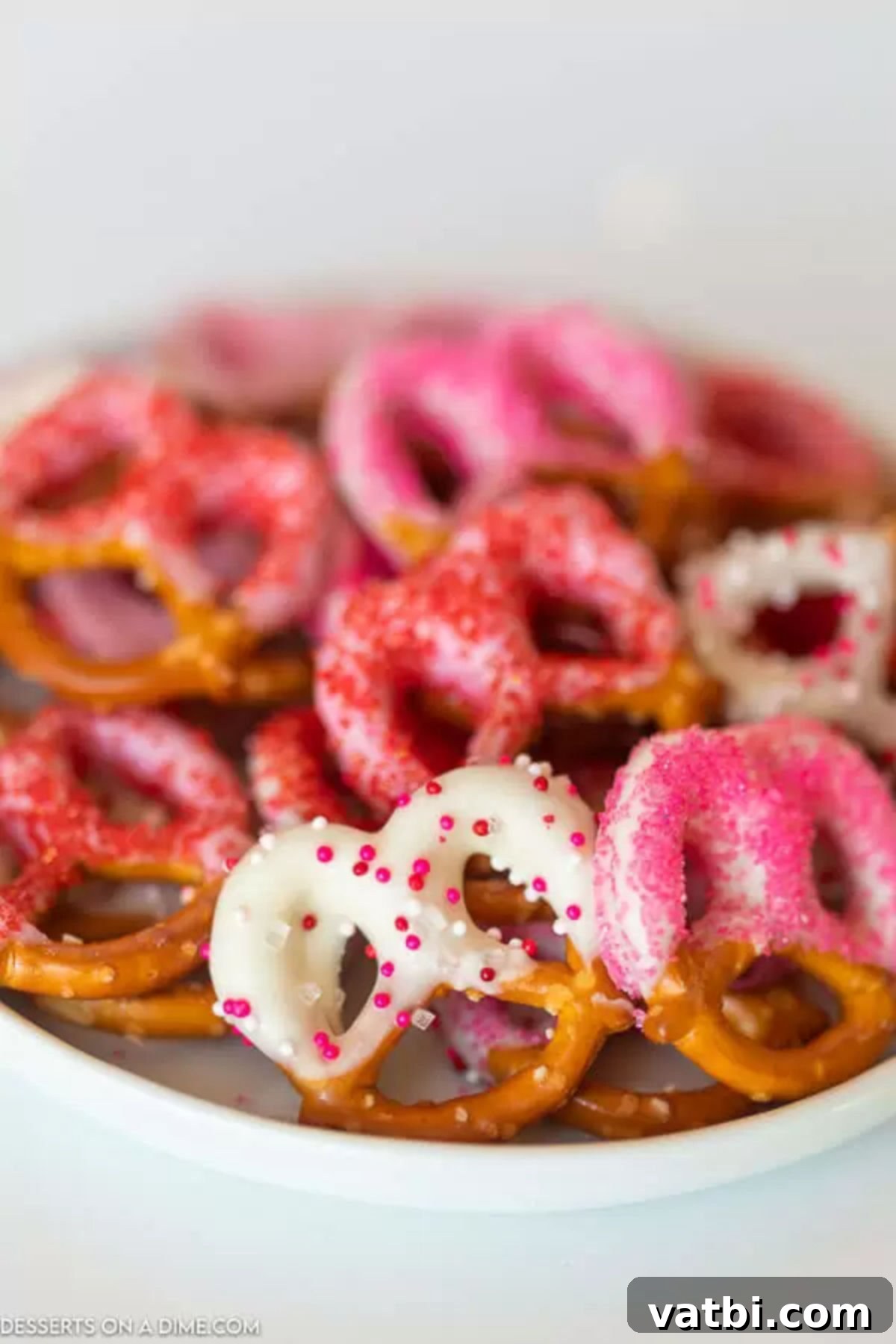 Valentine's Day Chocolate Covered Pretzels - The Ultimate Sweet & Salty Treat. A bowl filled with festive Valentine's Day chocolate covered pretzels, decorated with pink and white candy melts and sprinkles.
