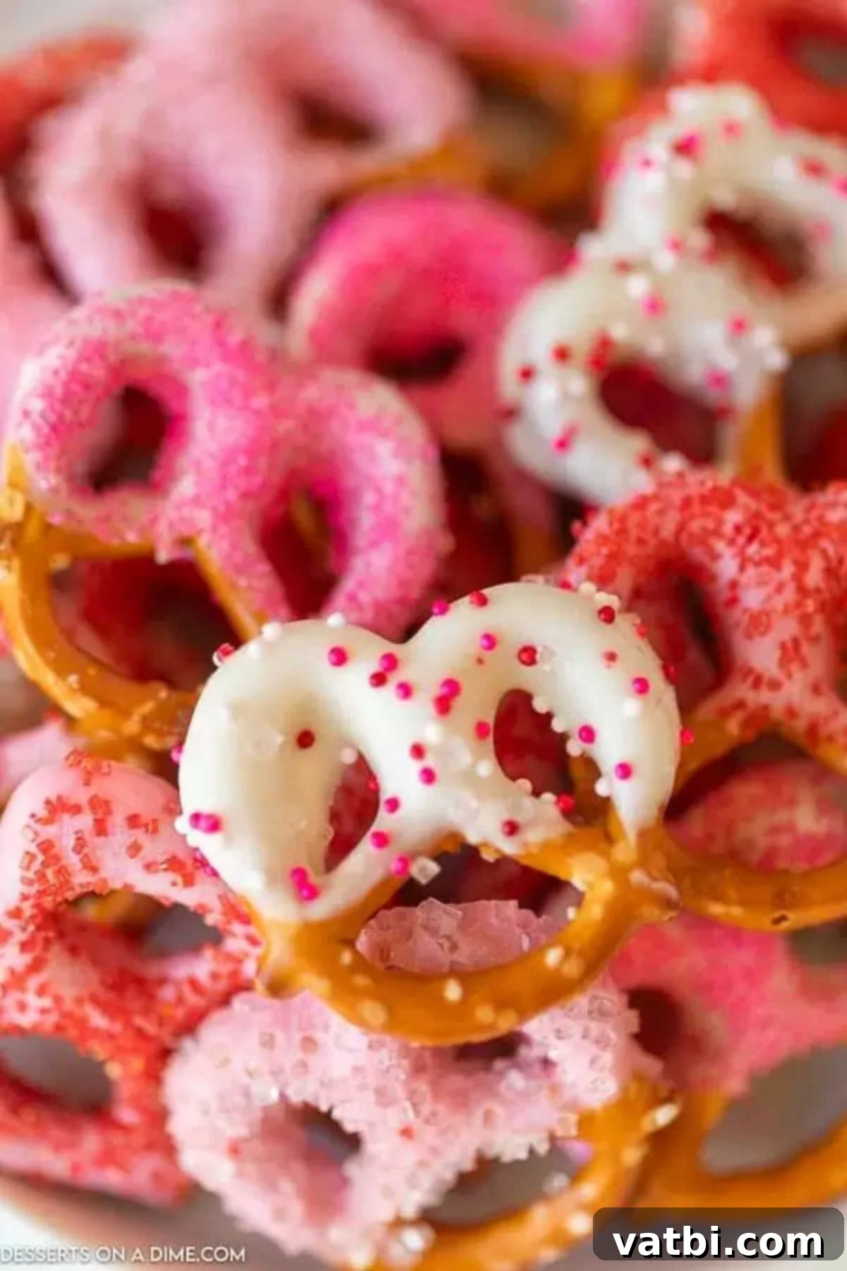 A Closer Look at Festive Valentine Pretzels. A close-up view of several Valentine's Day chocolate covered pretzels with pink and white chocolate and various sprinkles, arranged beautifully.