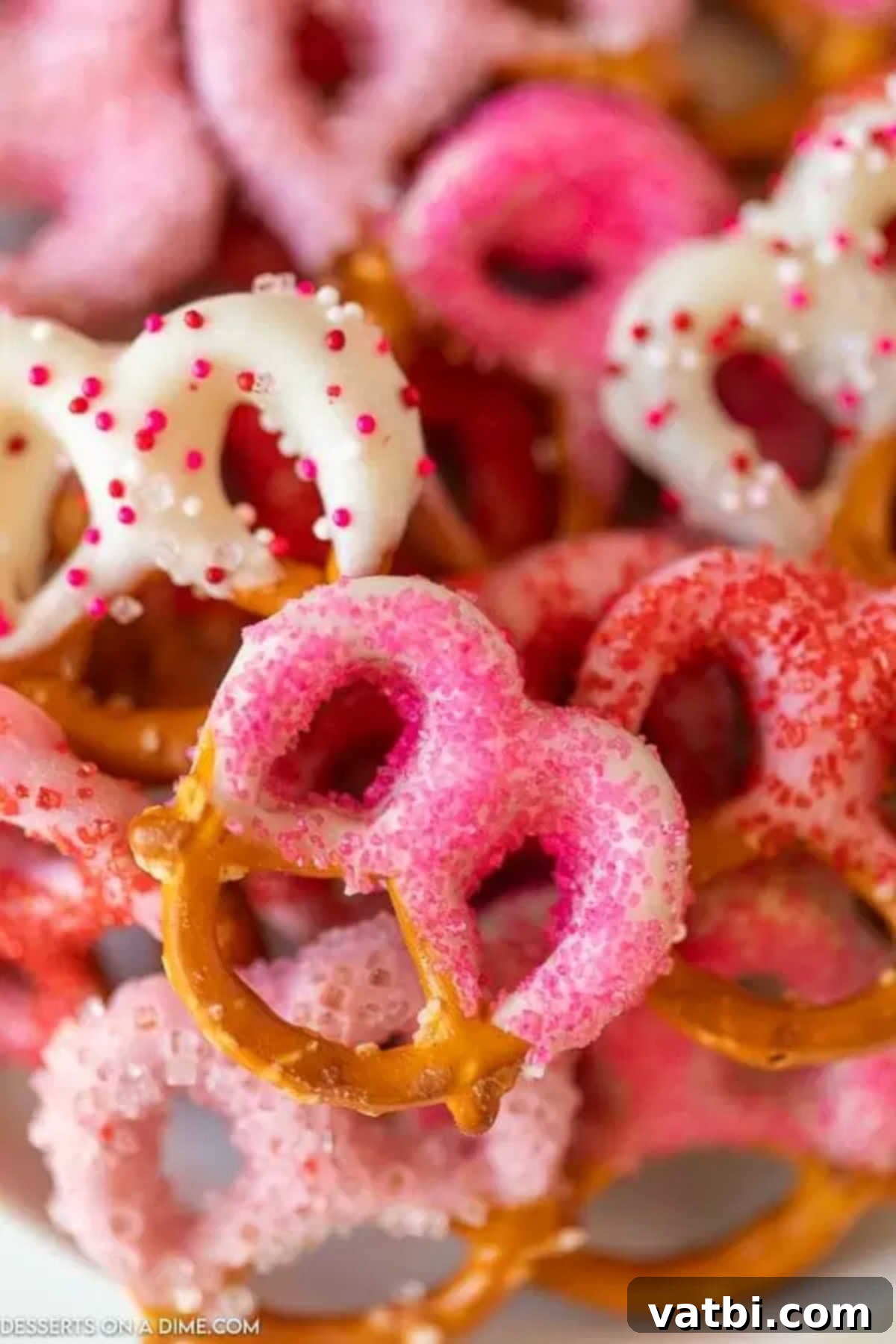 Final Look at Our Beautiful Valentine Pretzels. A close-up shot of perfectly finished Valentine's Day chocolate-covered pretzels, ready to be enjoyed.