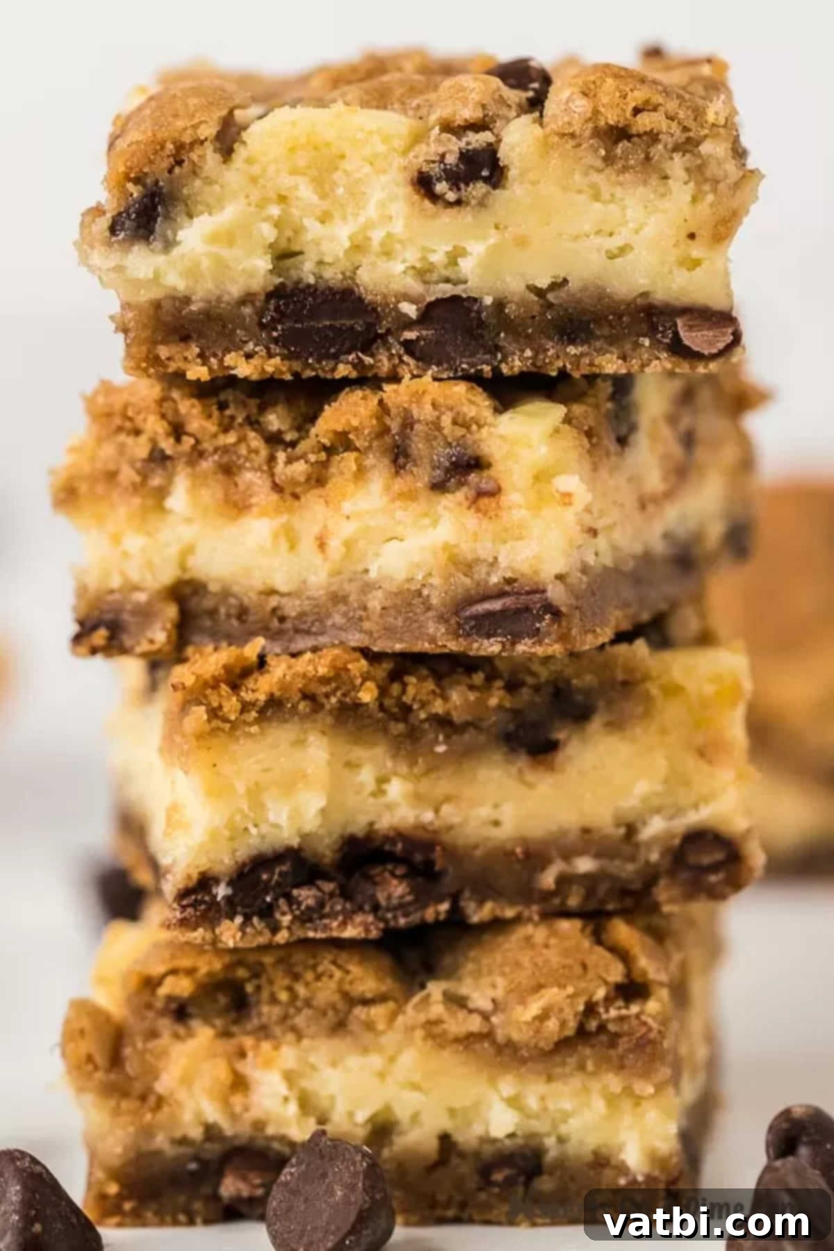 Stacked Chocolate Chip Cheesecake Bars, showcasing layers of cookie crust, creamy cheesecake, and cookie crumble.