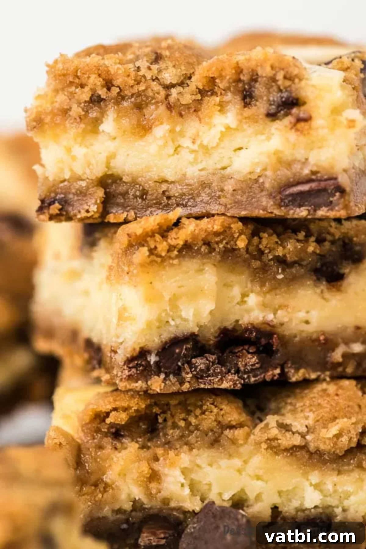 Close-up of a stack of chocolate chip cheesecake bars, showing the rich texture and layers.