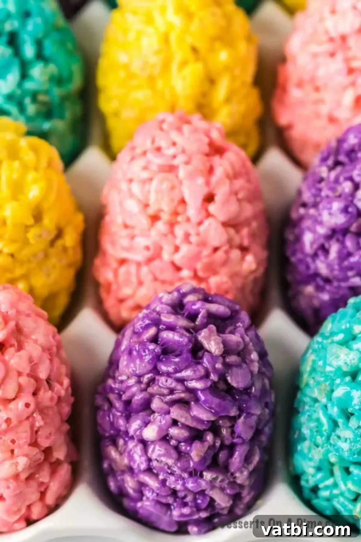 Vibrant Easter Egg Rice Krispie Treats: A fun and easy dessert everyone will adore. Colorful Rice Krispie Easter Egg Treats displayed artfully in a white egg carton, ready for celebration