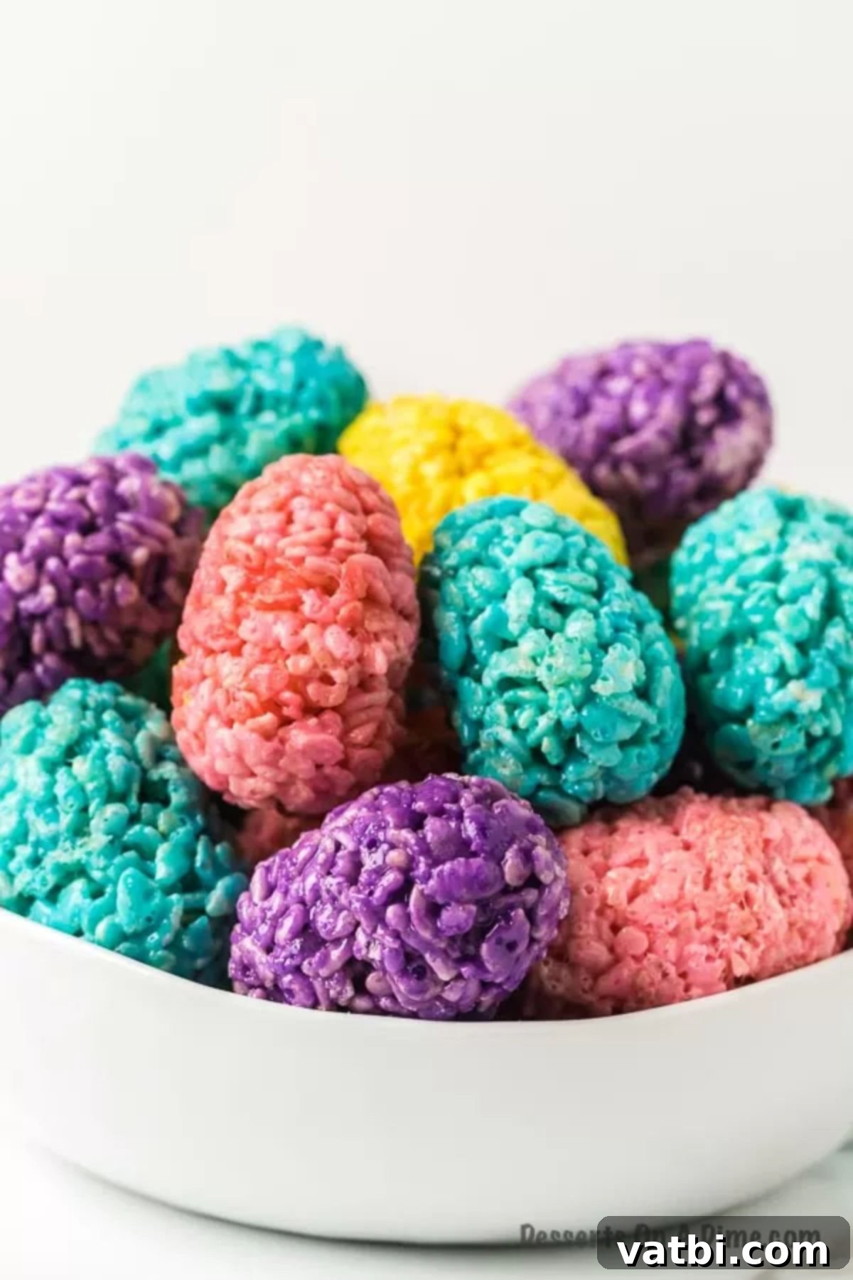 A bowl of delightful Easter Egg Rice Krispie Treats. Colorful Easter Egg Rice Krispie Treats presented in a white serving bowl, ready to be enjoyed