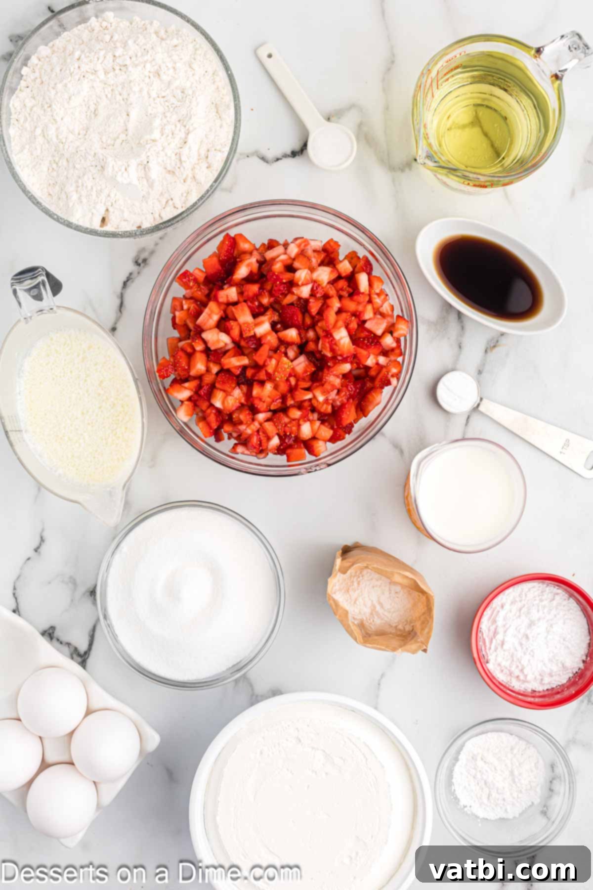Heavenly Strawberry Shortcake Cupcakes 3 A flat lay photograph showcasing all the ingredients for the Strawberry Shortcake Cupcakes recipe, including flour, eggs, granulated sugar, vanilla extract, oil, buttermilk, fresh strawberries, vanilla pudding mix, cool whip, powdered sugar, and milk.