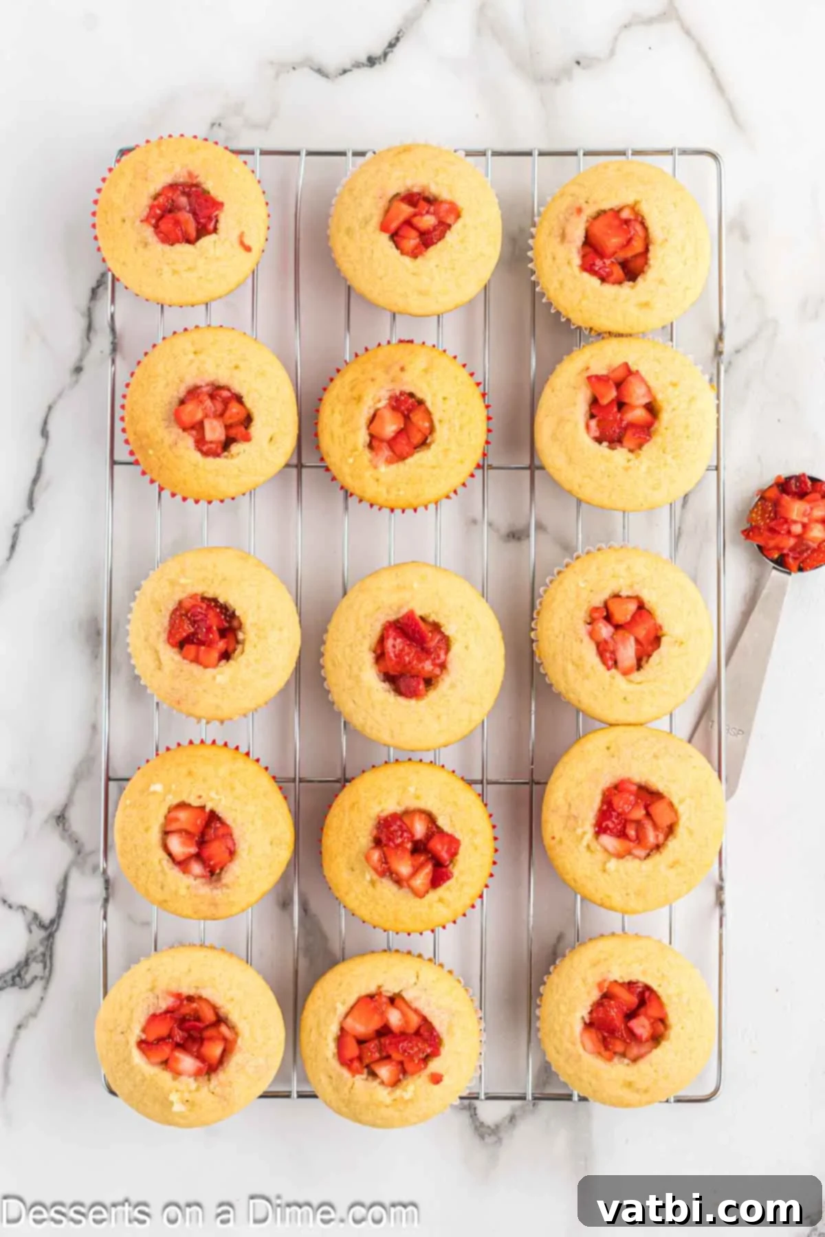 Heavenly Strawberry Shortcake Cupcakes 9 Diced strawberries mixed with sugar and placed into the cored centers of cupcakes.