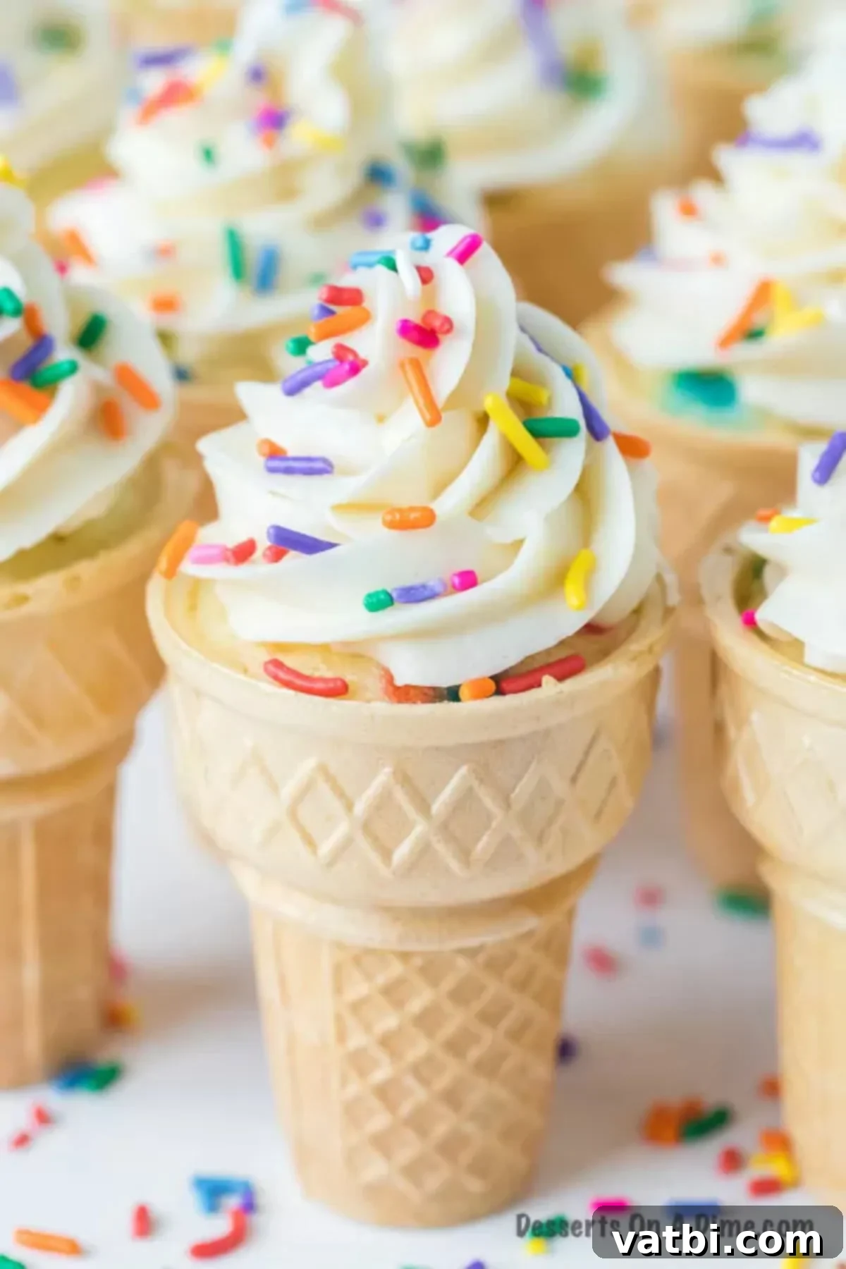 My kids go crazy over Ice cream cone cupcakes. They are so fun and festive. We have the best tips and tricks to make this tasty recipe. Close up of Ice Cream Cone Cupcakes lined up next to each other
