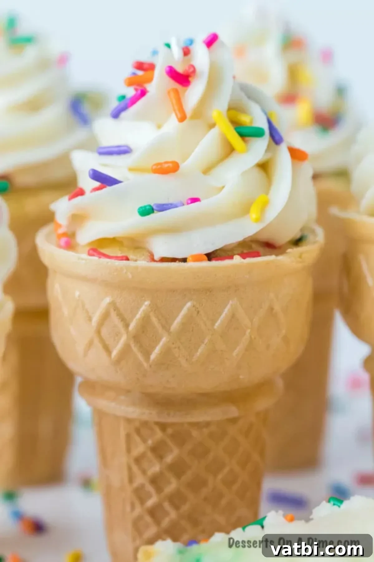 My kids go crazy over Ice cream cone cupcakes. They are so fun and festive. We have the best tips and tricks to make this tasty recipe. Close up of an Ice Cream Cone Cupcake topped with vanilla frosting and multi-colored sprinkles