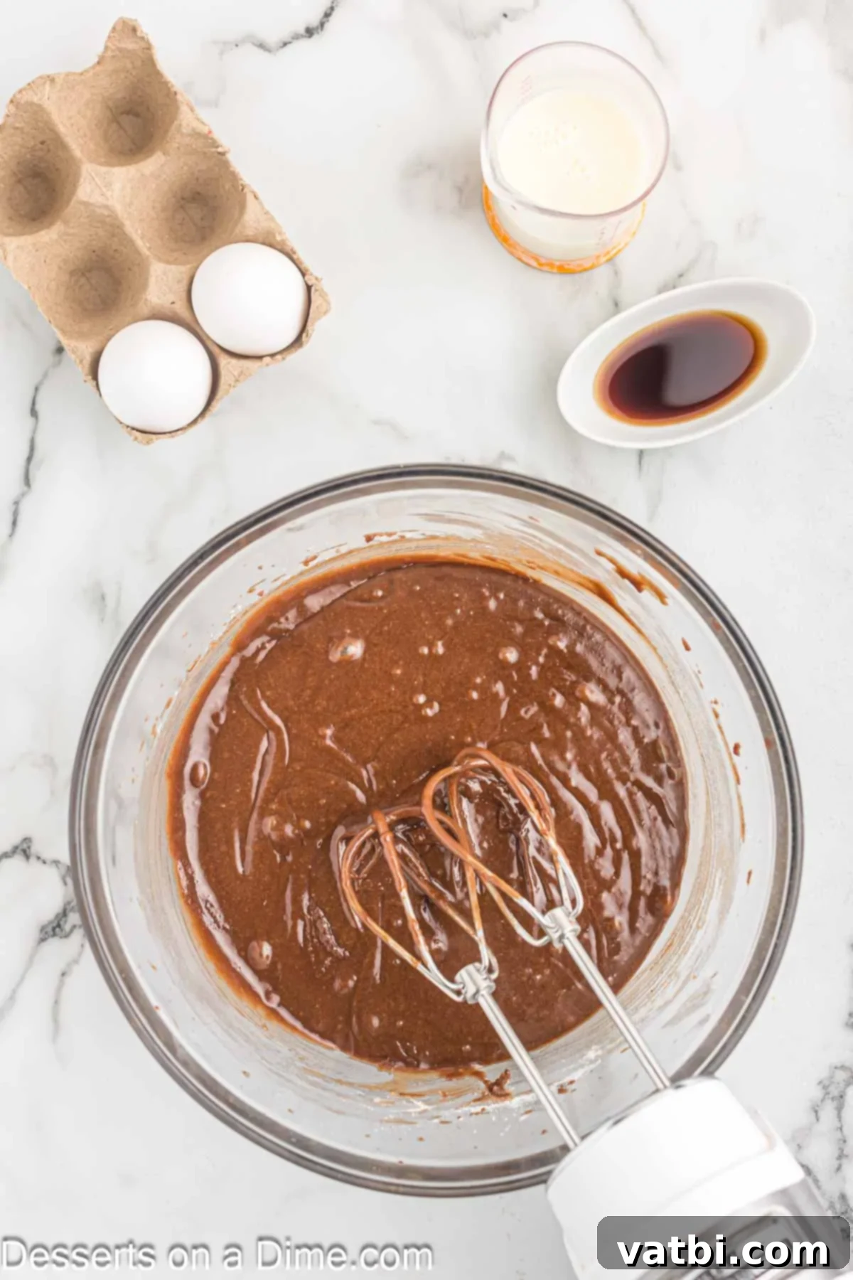 Effortless Chocolate Delight 5 Wet and dry ingredients for chocolate cake combined in a large mixing bowl.