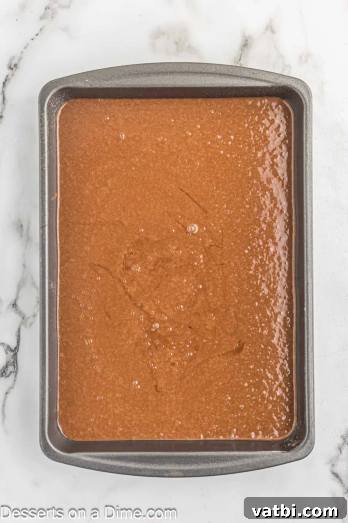 Effortless Chocolate Delight 6 Chocolate cake batter poured evenly into the prepared baking pan.