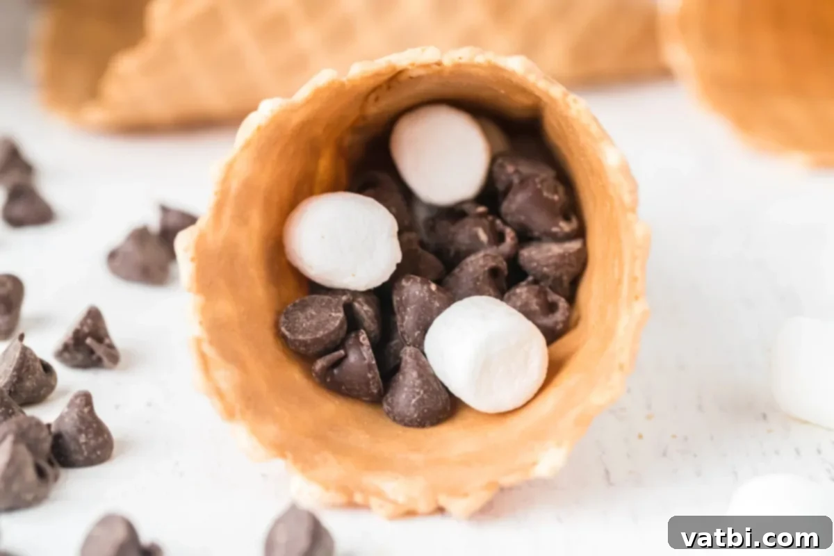 Crispy Waffle Cone S'mores 2 S'mores cone ready to grill, filled with chocolate and marshmallows.