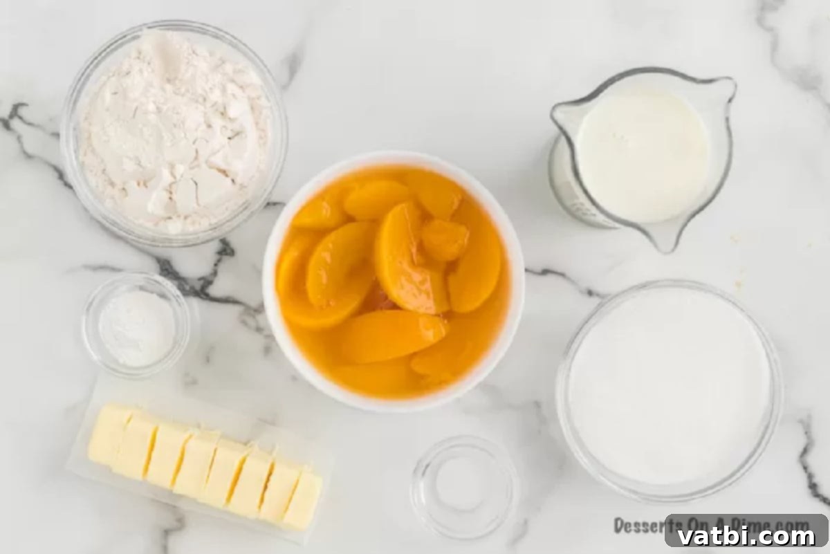 This old fashioned peach cobbler is the best recipe and you likely already have all the ingredients to make this today. Just add ice cream. Ingredients for peach cobbler - peaches, flour, milk, butter, laid out for preparation.