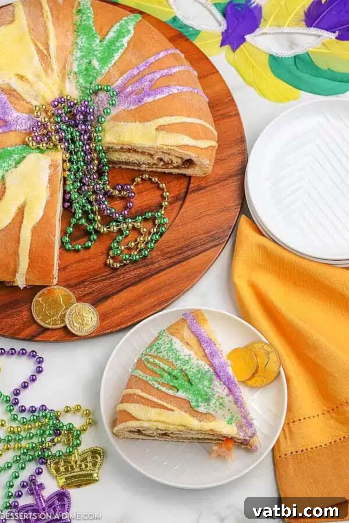 Learn how to make this Mardi Gras king cake recipe, perfect for a celebration. This cake is delicious and adorned with festive colors. A beautifully glazed slice of Mardi Gras King Cake with the hidden baby and gold coins