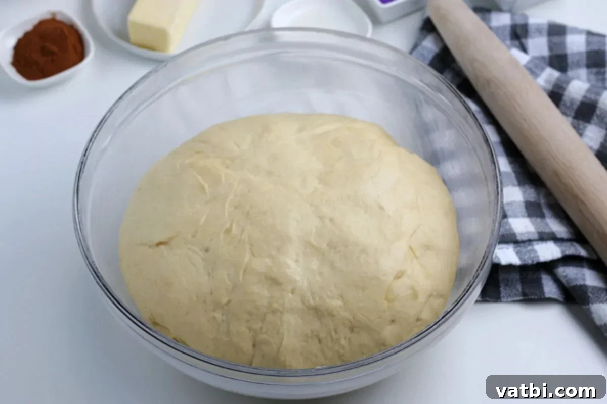 Homemade Mardi Gras King Cake 5 Dough in a bowl, significantly doubled in size after rising.