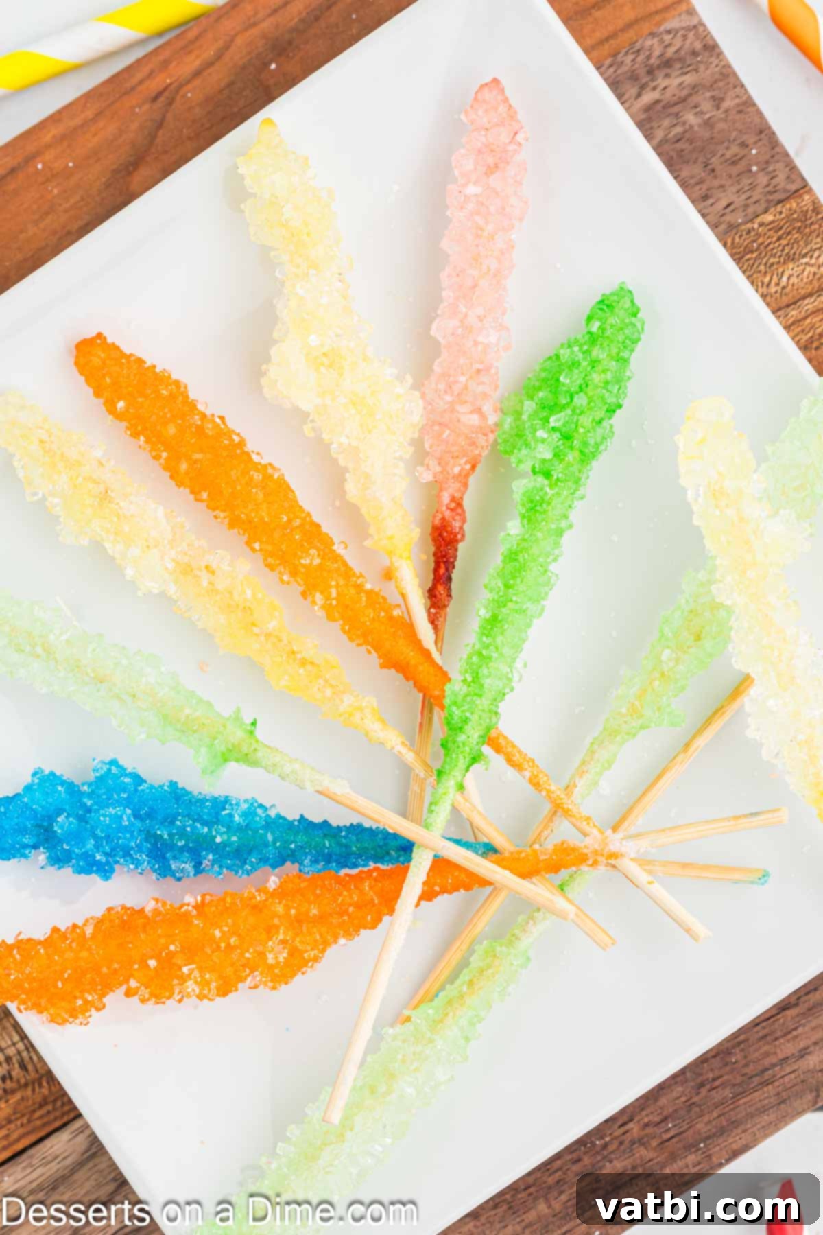 Grow Your Own Rock Candy Crystals 2 Vibrant homemade Rock Candy arranged on a platter, showcasing various colors and shapes.