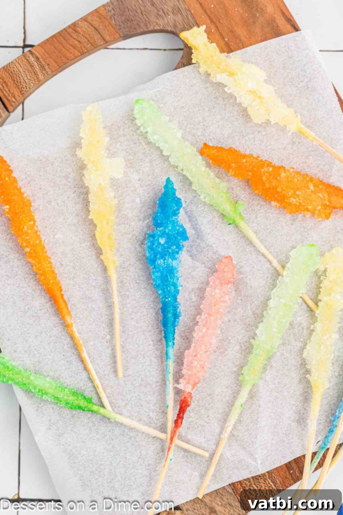 Grow Your Own Rock Candy Crystals 14 Homemade Rock Candy on wax paper, sparkling and ready to be enjoyed or packaged.