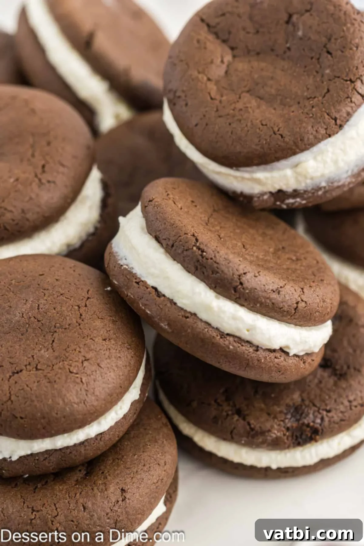 Decadent Whoopie Pies 2 Chocolate Whoopie Cookies stacked together.